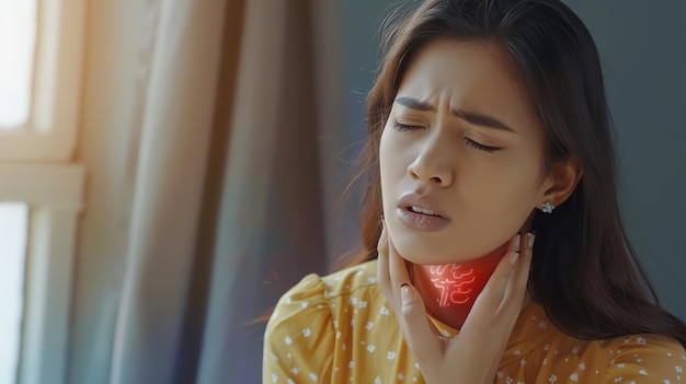 A young woman is holding her neck and grimacing in pain She has long brown hair