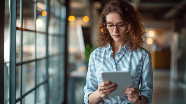 young woman is holding a tablet