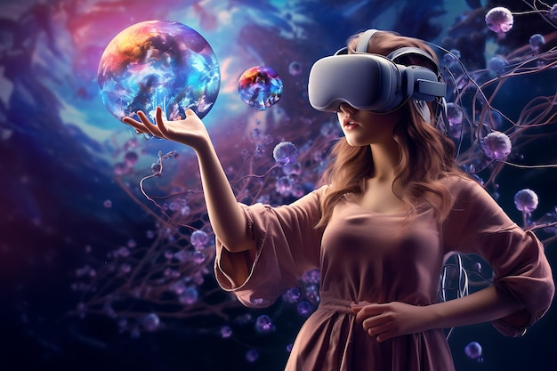 a young woman is holding virtual reality glasses with a virtual reality game on top