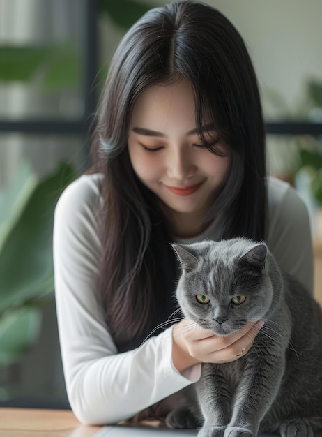 A young woman is petting a gray cat