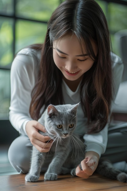 A young woman is playing with a gray cat on the floor