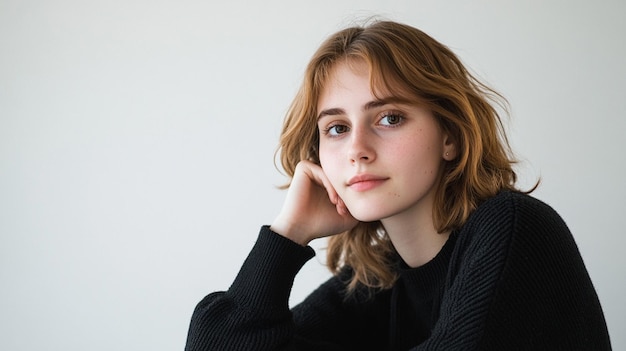 a young woman is posing for a photo with her hand on her chin