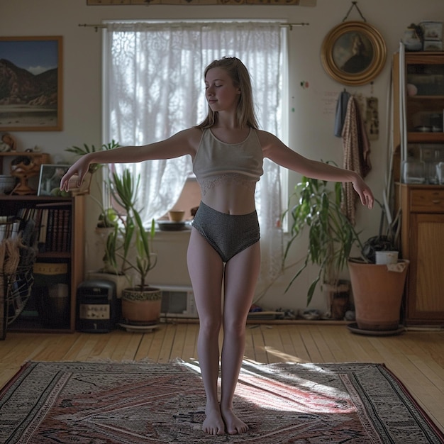 A young woman is practicing her ballet spins in the front room of her house