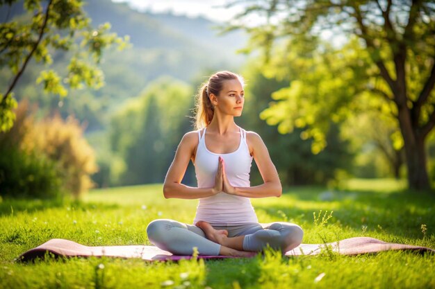 young woman is practicing yoga in the summer