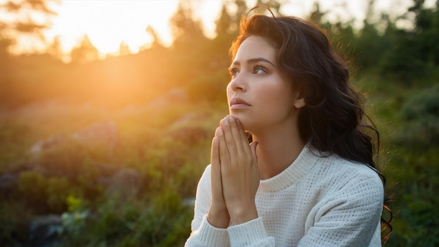 Photo a young woman is praying in a field with the sun setting behind her