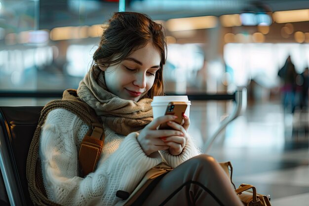 A young woman is sitting in the airport holding a cup of coffee and looking at her phone