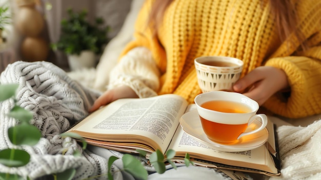 A young woman is sitting in a chair and reading a book She is wearing a yellow sweater and holding a cup of tea