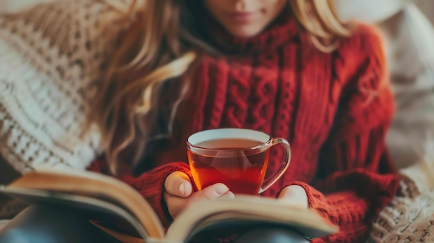 A young woman is sitting on a couch and reading a book She is wearing a red sweater and holding a cup of tea