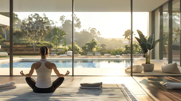 A young woman is sitting in a yoga pose on a mat in a beautiful room with a large glass window