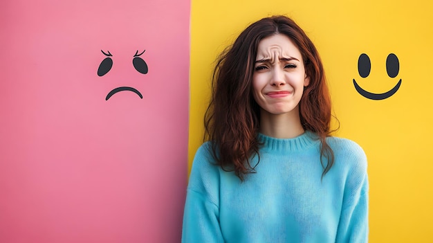 Photo a young woman is standing between two walls with opposite emotions displayed on them she looks sad but is trying to smile