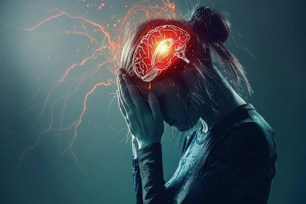 Young woman is suffering from a headache against a dark background Studio shot