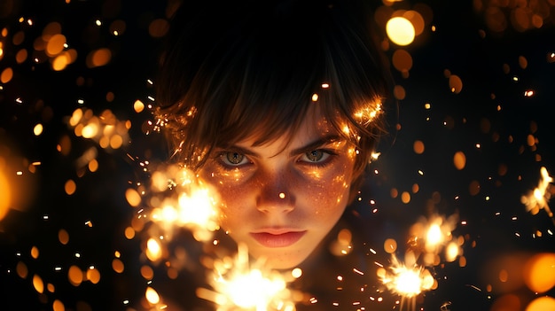 A young woman is surrounded by sparks and fire creating a dramatic