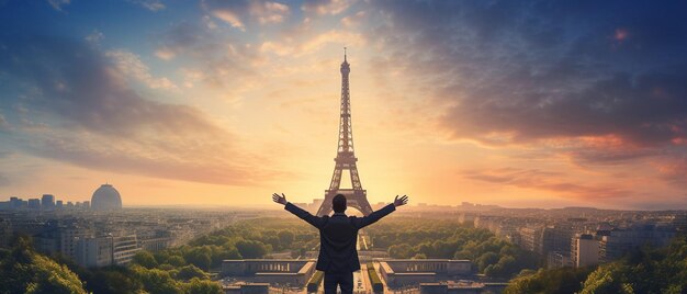 A young woman is traveling in Paris France She is looking at the Eiffel Tower