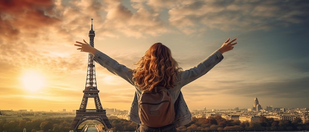 A young woman is traveling in Paris France She is looking at the Eiffel Tower