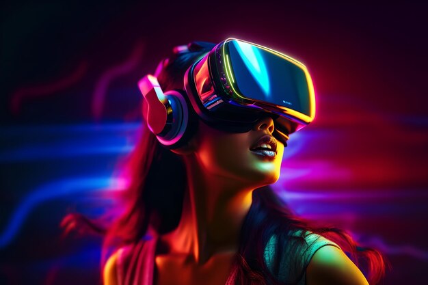 Young woman is using virtual reality headset A person playing in VR games using VR glasses with trendy look and bright colors