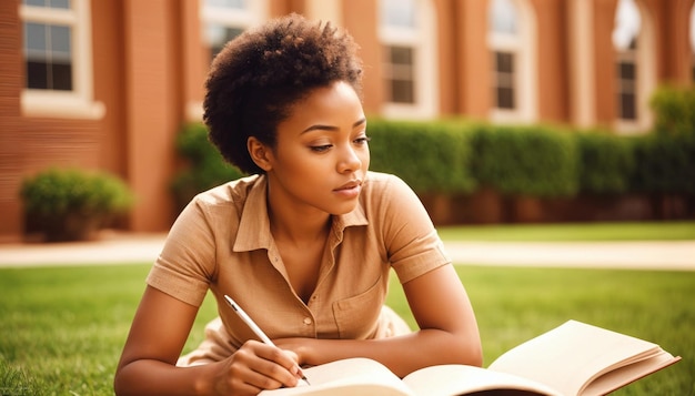 a young woman is writing in a notebook and writing with a pencil