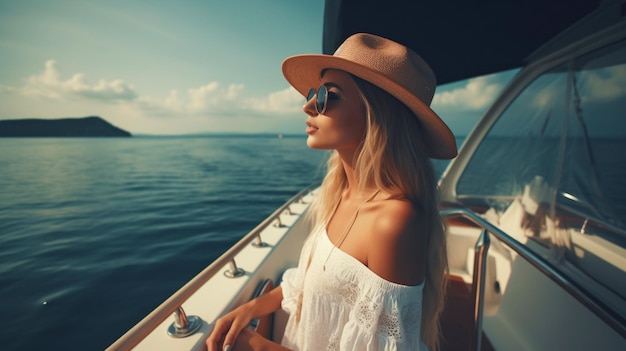 Photo a young woman is on a yacht for a summer vacation generative ai opulent boat cruises and sailing