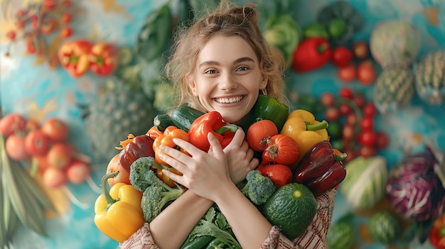 Photo young woman joyfully holding an abundance of fresh vegetables against vibrant background