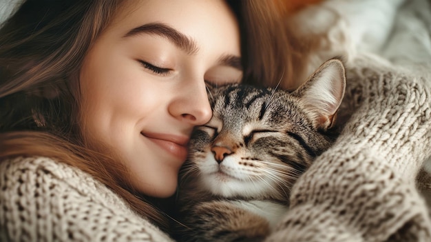 A young woman joyfully kisses her cat embodying the warmth and comfort of a cozy autumn day at home