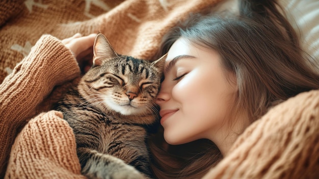 A young woman joyfully kisses her cat surrounded by cozy blankets embodying a warm autumn atmosphere filled with love and companionship