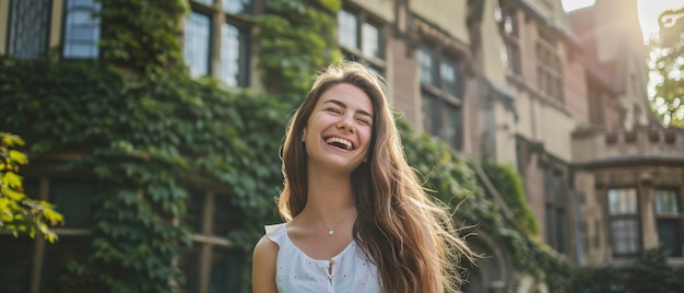 A young woman joyfully laughing near an ivydraped building illuminated by bright sunlight and bathed in an aura of happiness