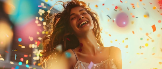 A young woman joyfully laughs amidst vibrant confetti in a burst of sunlight capturing the essence of a spirited celebration