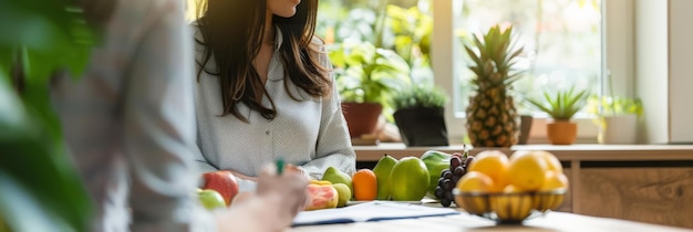 Photo young woman in a kitchen with fresh fruits and a diet plan modern nutrition and wellness with an emphasis on balanced eating and healthy living