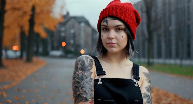 Young woman in knitted red hat dressed in black