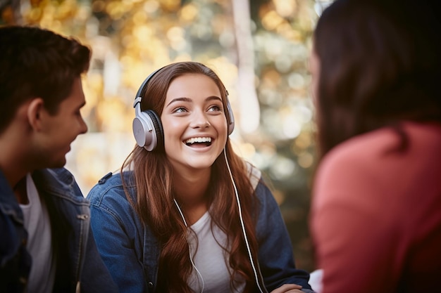 Photo young woman laughing with costudents