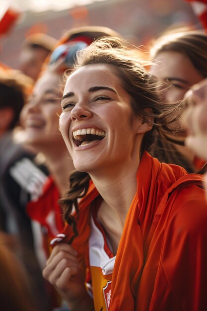 Young woman laughing with excitement while watching a sports game with friends