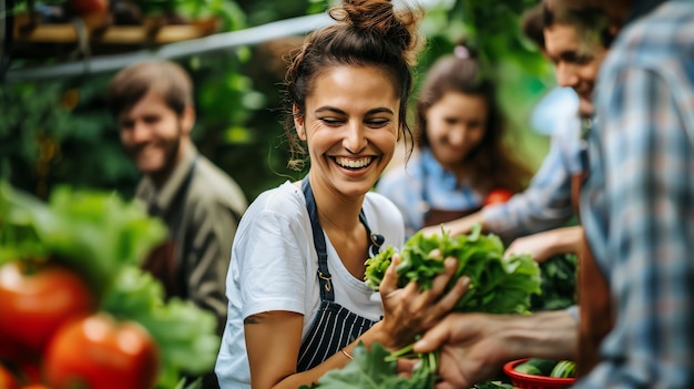 A young woman laughs while harvesting fresh produce with her friends in a greenhouse