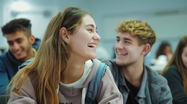 A young woman laughs while looking at a friend in a college classroom