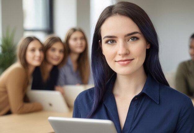 Young woman leading a meeting with colleagues in the background