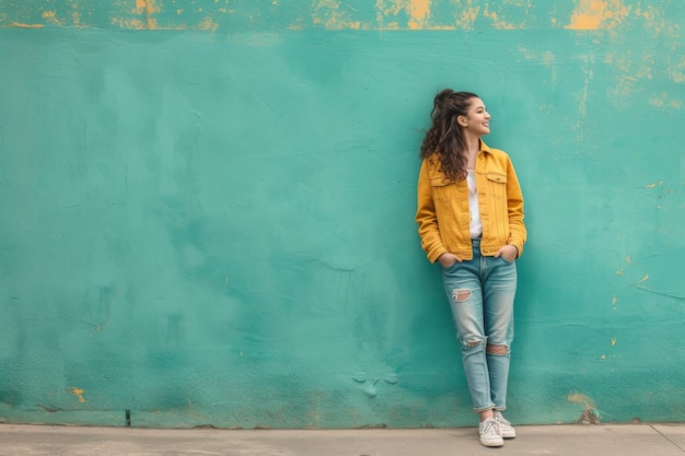 Young Woman Leaning Against a Blue Wall