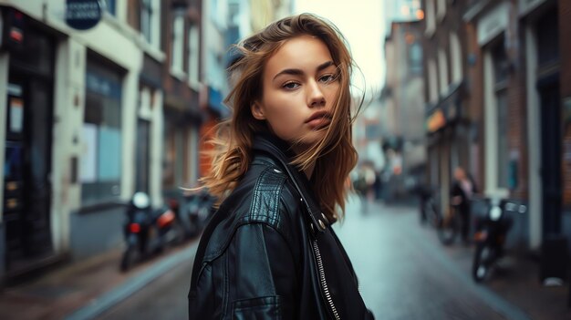 Young woman in a leather jacket looking back at the camera in a city street