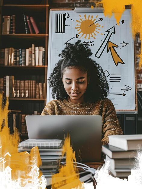 Photo a young woman in a library focused on her laptop with a whiteboard behind her depicting a sun