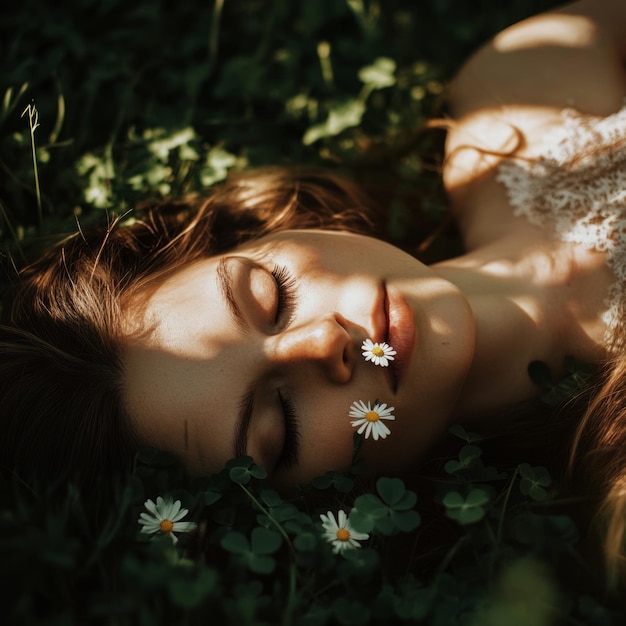 Photo a young woman lies on a bed of green grass with her eyes closed a daisy resting on her lower lip