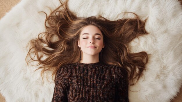 Photo a young woman lies comfortably on a soft fluffy rug her long flowing hair spread out around her while she enjoys a moment of tranquility in a warm indoor setting