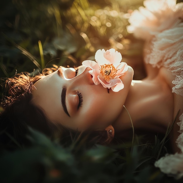 Photo a young woman lies in a field of grass with a flower covering her mouth eyes closed