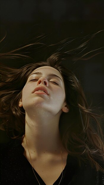 Photo a young woman lies on her back her eyes closed and her hair spread out around her against a dark background