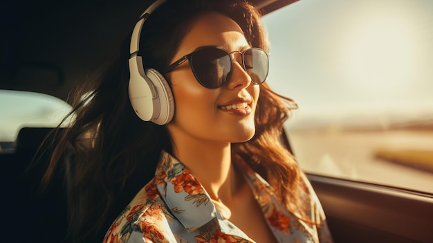 Photo young woman listening music in the car