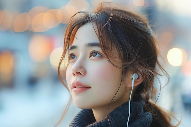 Young Woman Listening to Music With Earphones in Urban Evening Setting