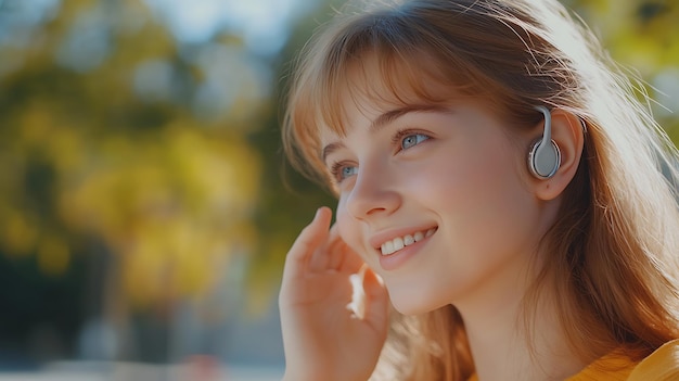 Young woman listening to music with a smile on her face outdoors