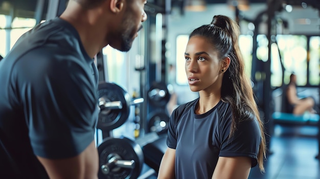 A young woman listens intently to her personal trainer in the gym