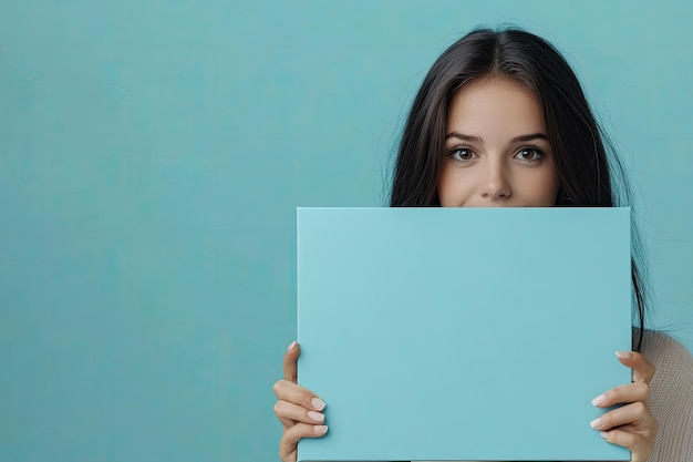 Young woman looking on a blue box