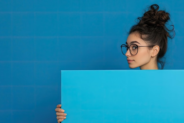 Young woman looking on a blue box