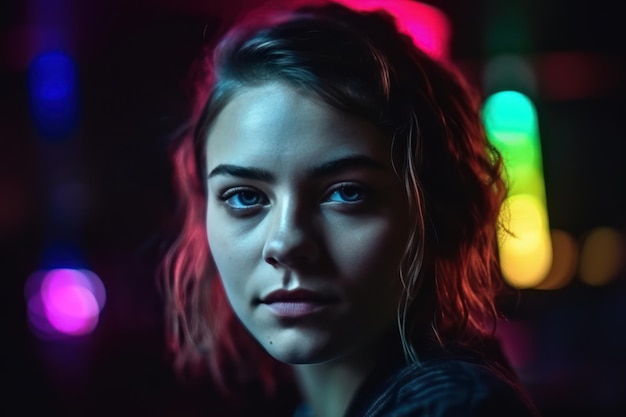 Young woman looking at the camera in the neon light of the club camera zoom portrait of a beautiful futuristic girl close up lady in multicolor glow