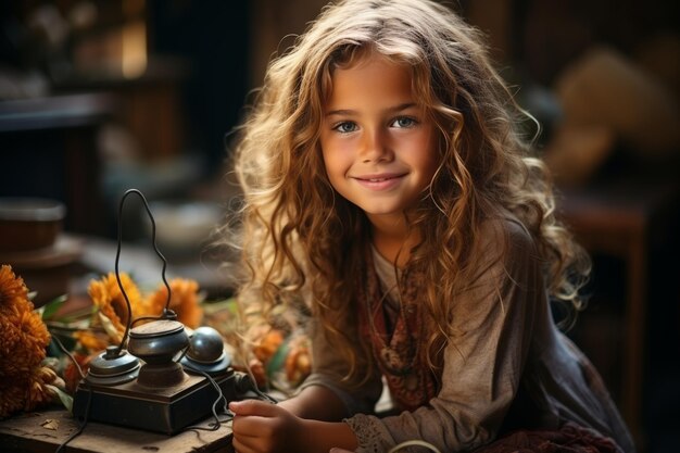 Young woman looking happy while conversing on antique telephone radiating joy and positivity