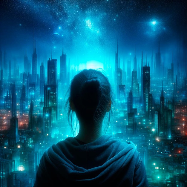 Young woman looking at night city Futuristic cityscape in the background