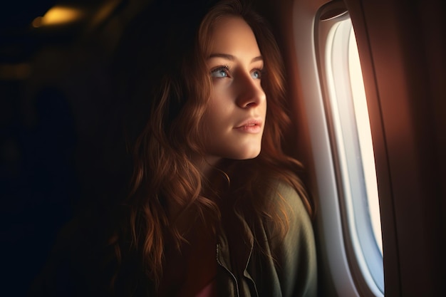 Young woman looking through airplane window